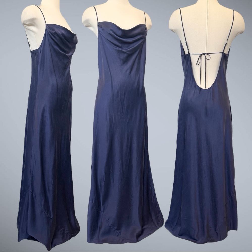1999 Victoria’s Secret Silk Blue Navy Draped Cowl Vintage Maxi Gown Slip Dress L - Picture 9 of 9